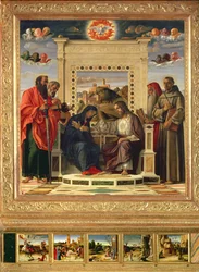 Coroação da Virgem com os santos Paulo, Pedro, Jerónimo e Francisco de Assis, com cenas das vidas dos santos no painel da predela, conhecida como o retábulo «Pala di Pesaro», cerca de 1474